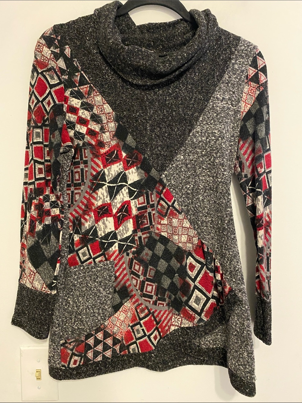 Bali Cowl Neck Patchwork Sweater - Red, Gray & Black